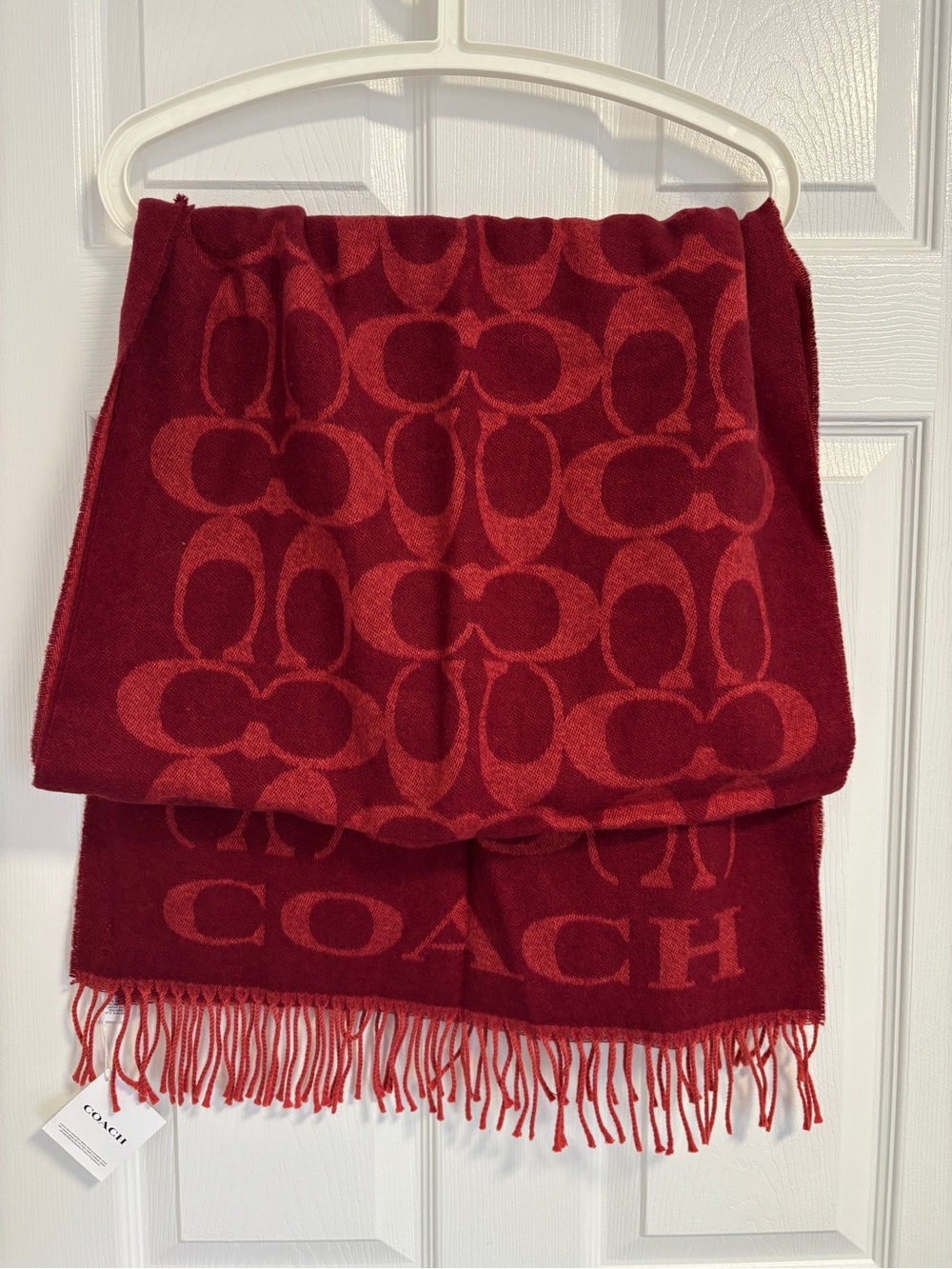 COACH Red Wool Cashmere Signature Jacquard Logo Scarf